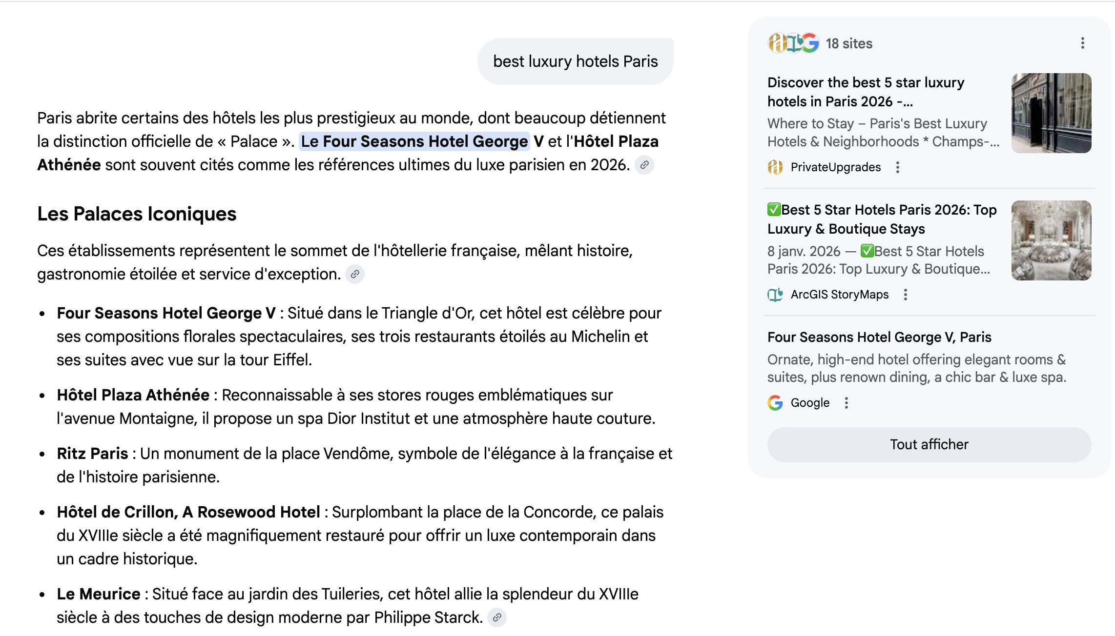 Google AI Mode showing luxury hotel recommendations for Paris including Four Seasons George V, Plaza Athénée, Ritz Paris, Hôtel de Crillon, and Le Meurice