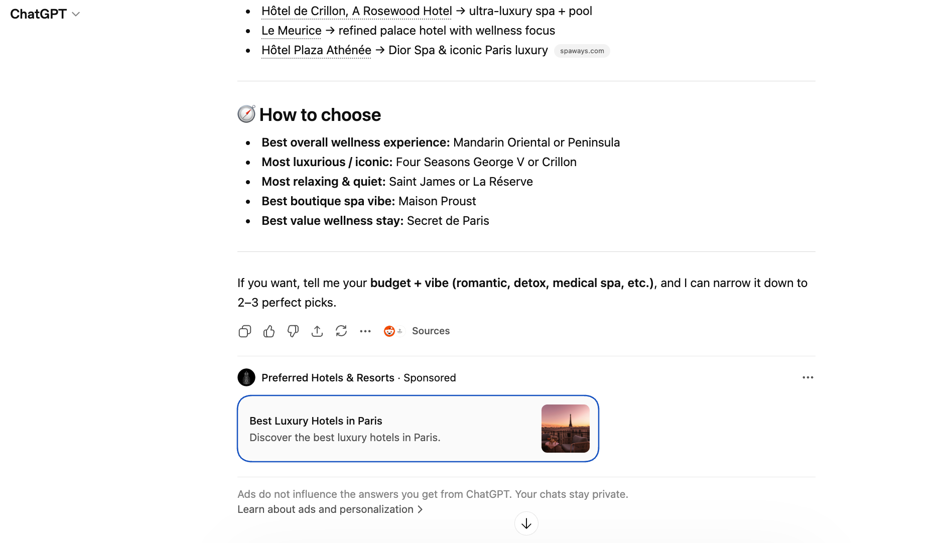 ChatGPT hotel ad placement — Preferred Hotels & Resorts ad appearing below hotel recommendations for Paris luxury hotels